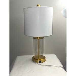 JONATHAN Y Gold Brushed Metal/Glass Table Lamp White Drum Shade USB ETL